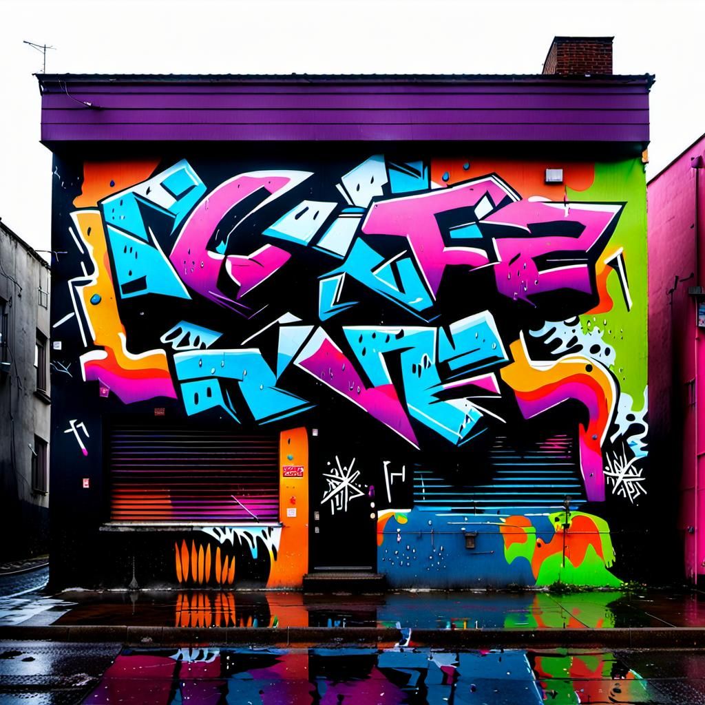 Neon Graffiti on Rainy Ghetto Street