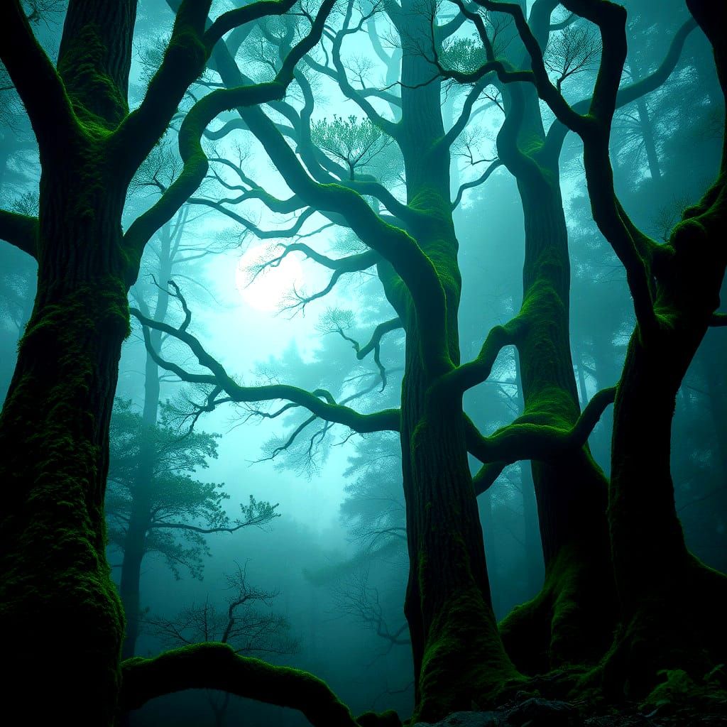 Eerie Forest with Dense Fog and Moonlit Silhouettes
