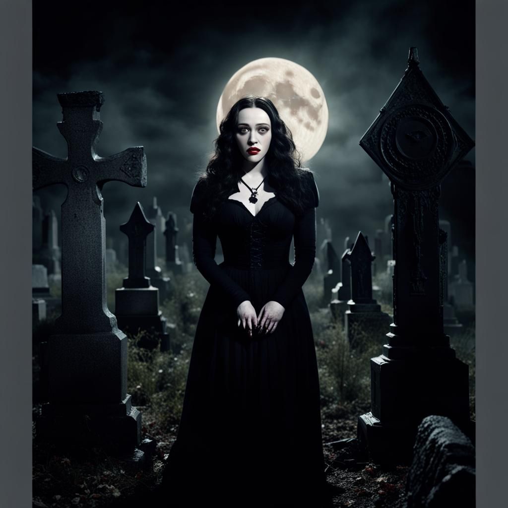 Eerie Witch in Cemetery Under Full Moon