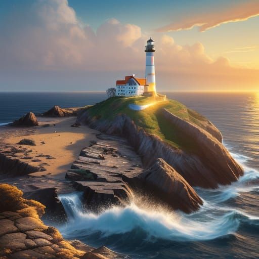 Coastal Lighthouse at Golden Hour in Splash Art Style