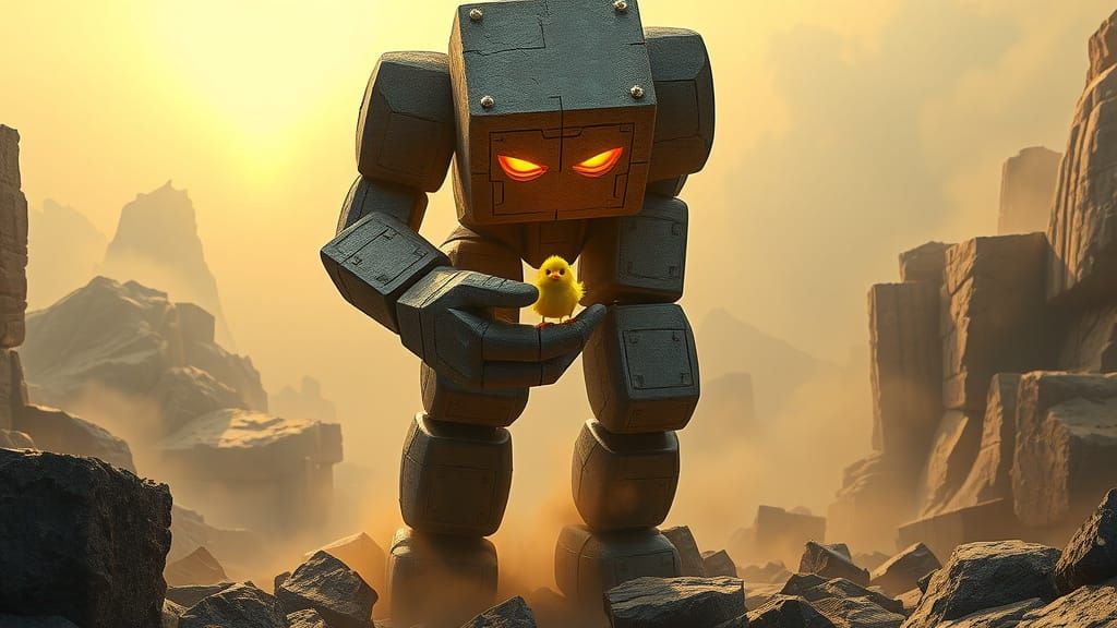 Gentle Golem Protects Young Chick in Whimsical Rock Landscap...