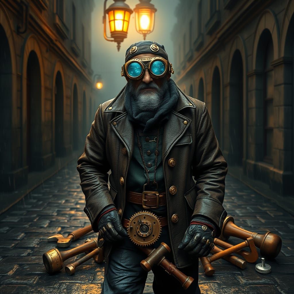 Steampunk Engineer in Victorian London Landscape