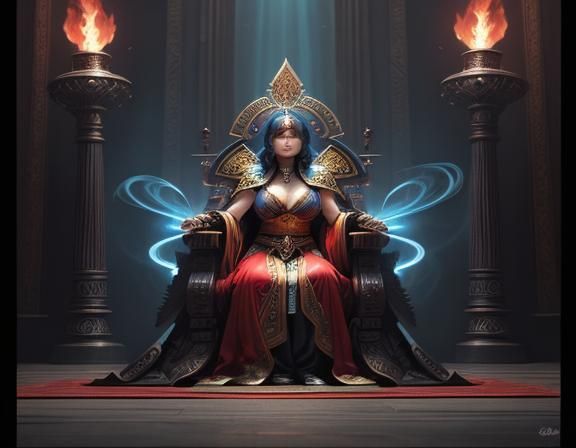 Fantasy Queen with Companions in Retro-Futuristic Style