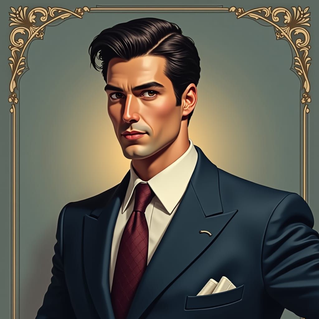 Vintage Portrait of 1950s Male Icon in Art Deco Style