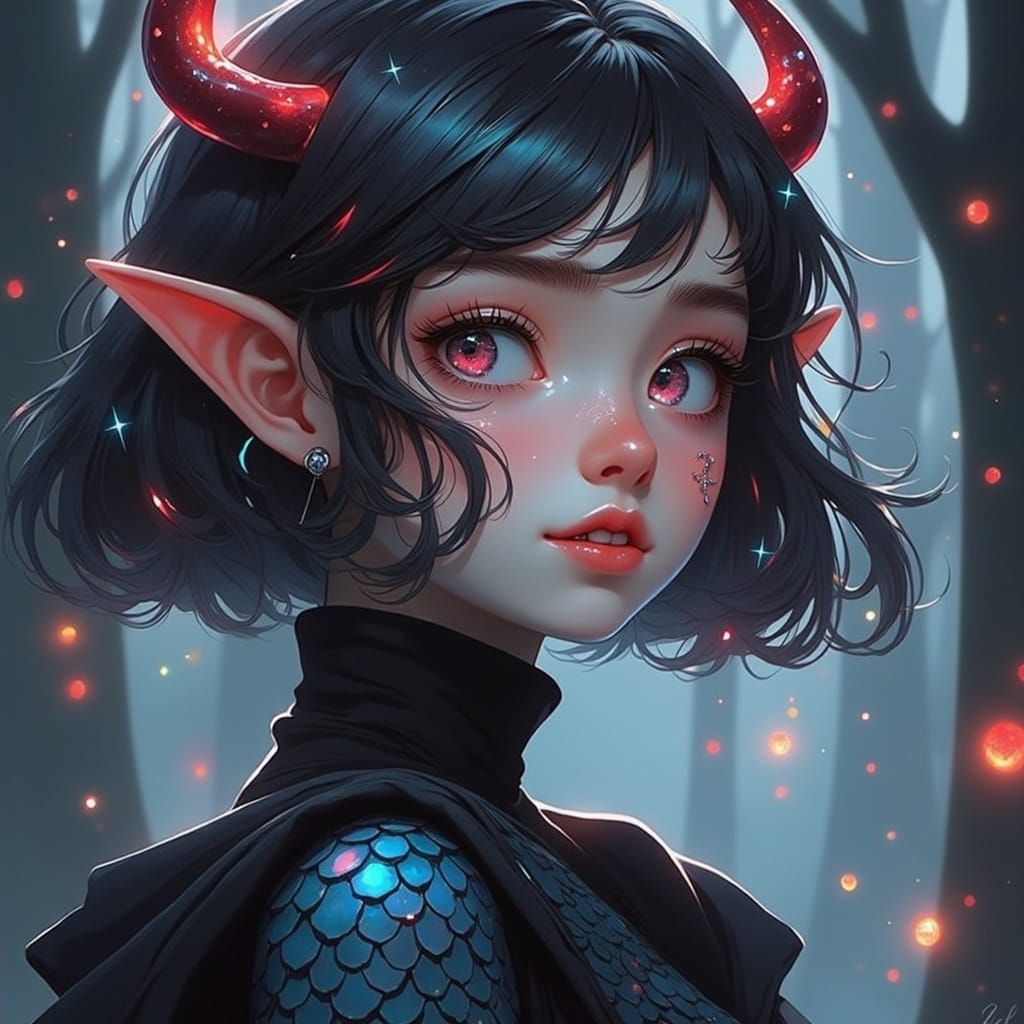 Fantasy Androgynous Character with Demon Horns in Dark Fanta...