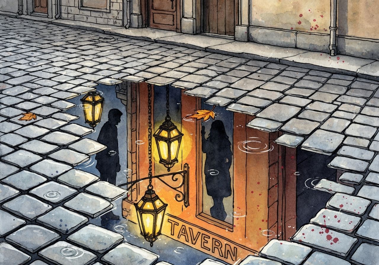 Rainy Tavern Reflection with Hidden Silhouettes