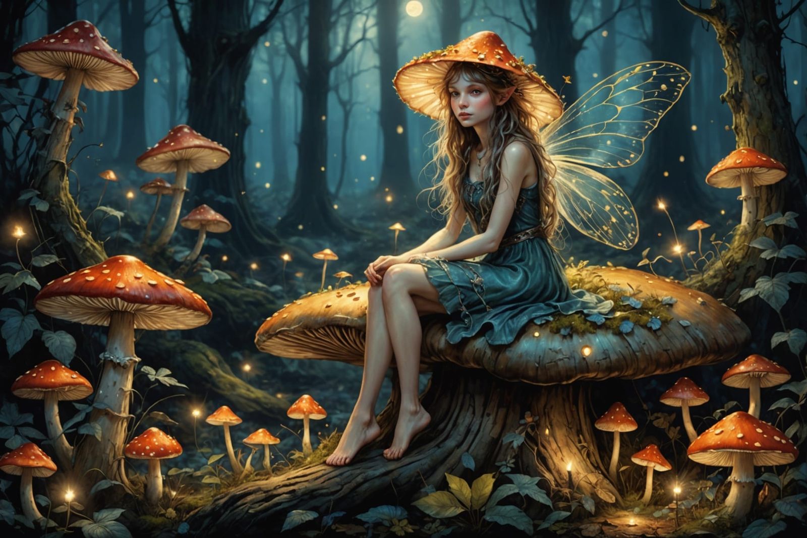 Fairy on Mushroom in Moonlit Forest