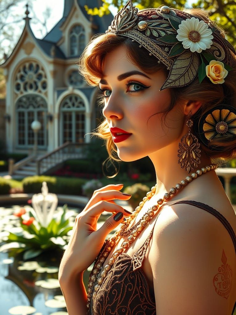 a close up of a 1920's flapper woman, elegantly ornate in Ar...