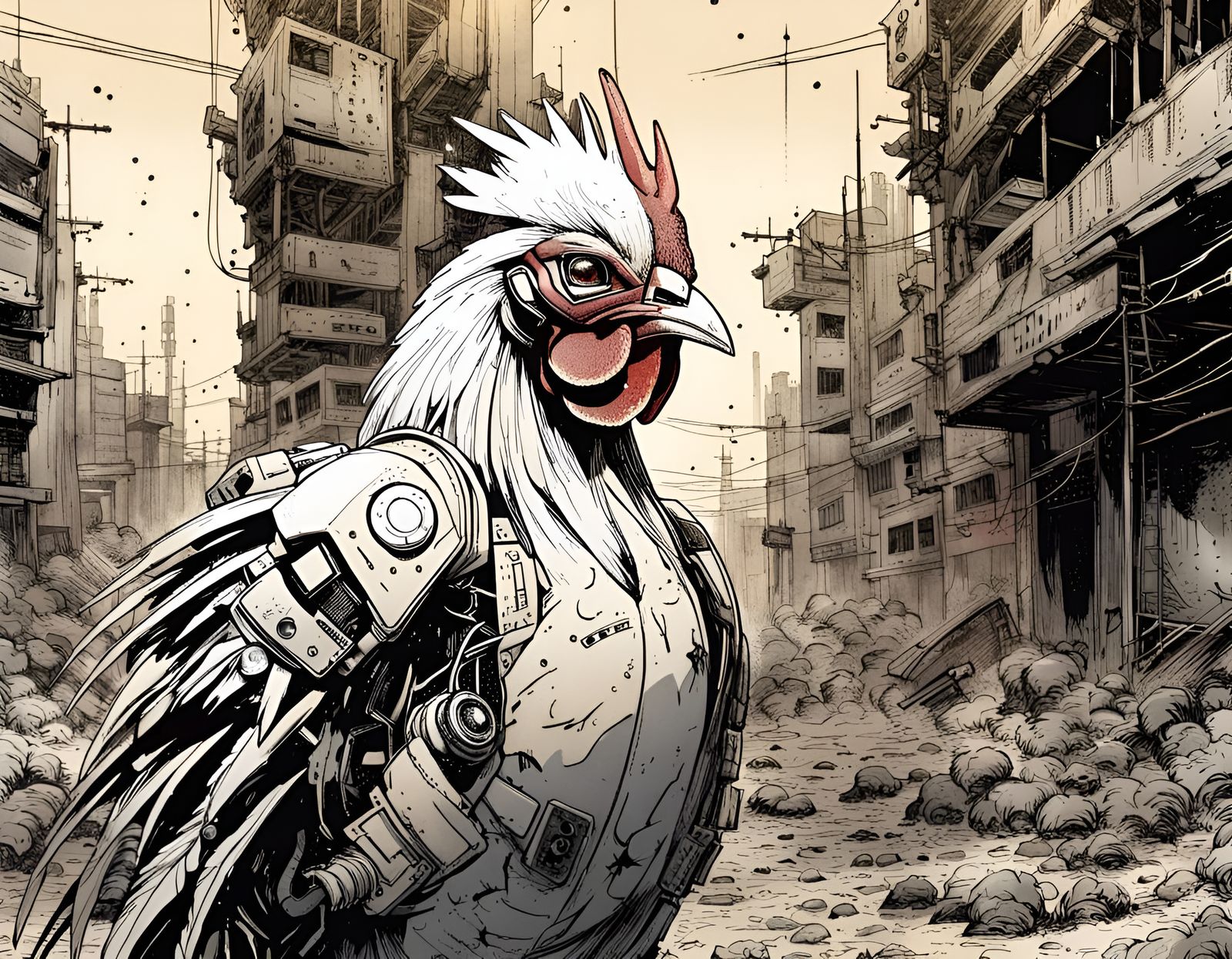 Robotic Rooster in Post-Apocalyptic Cyberpunk City