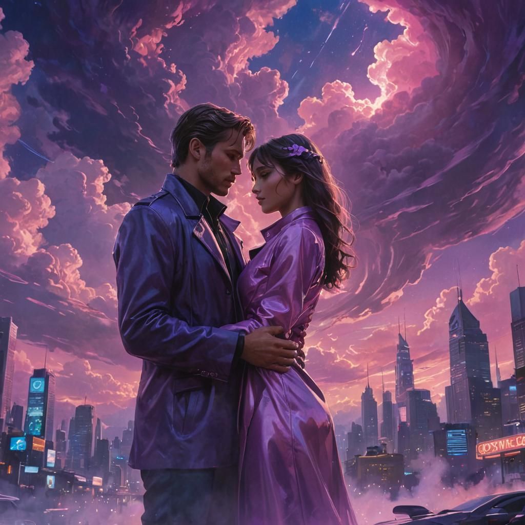 Romantic Couple in Futuristic Cityscape with Swirling Clouds