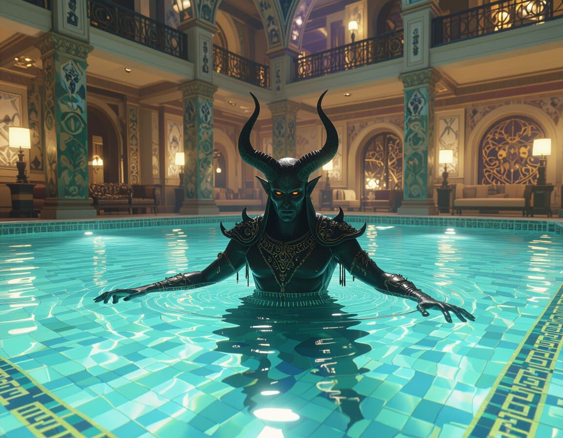 Demon Emerges into Art Deco Hotel in Dark Fantasy Art