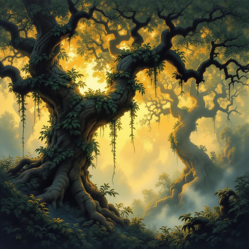 Golden Forest: An Atmospheric and Surreal Landscape