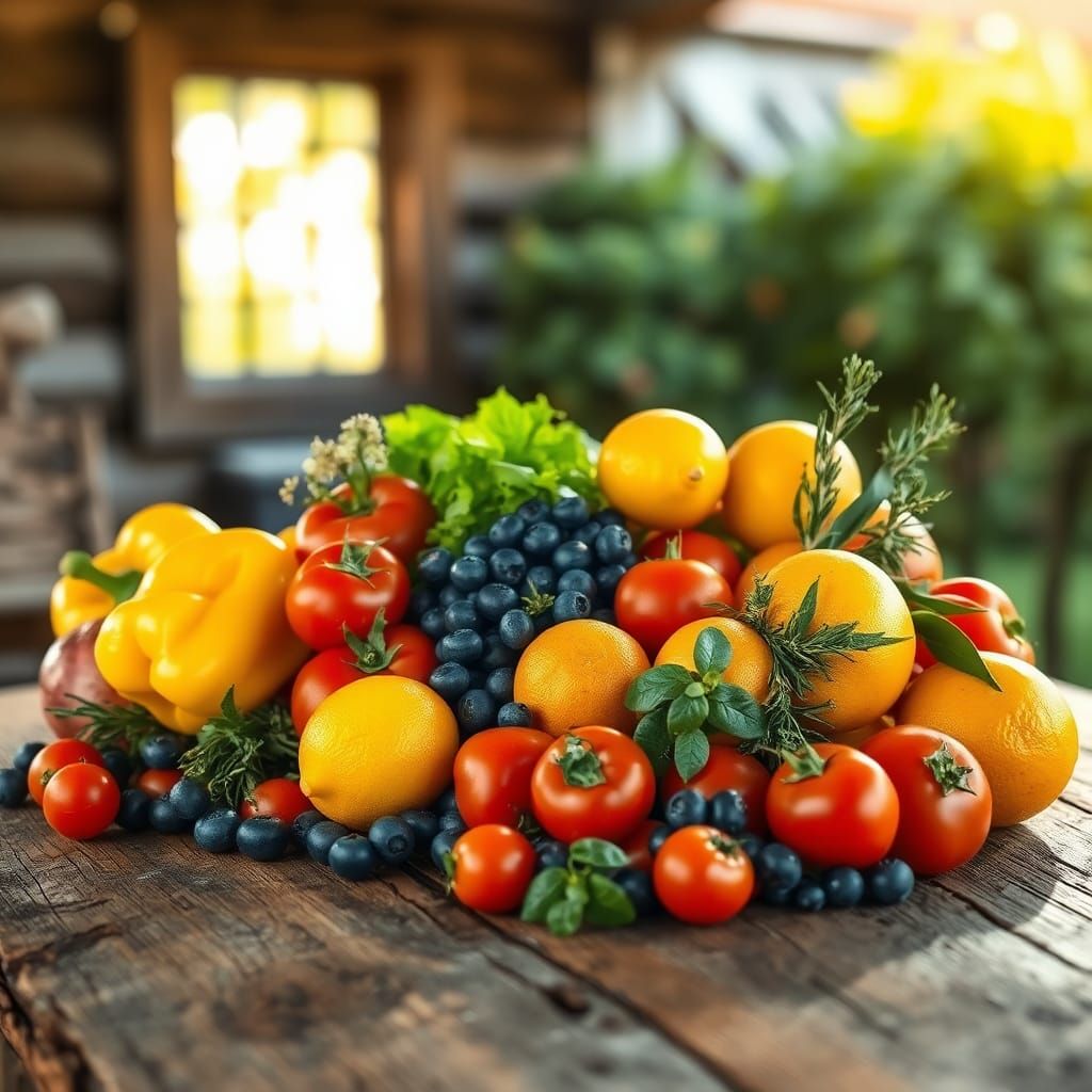 Vibrant Still Life of Fresh Fruits and Vegetables