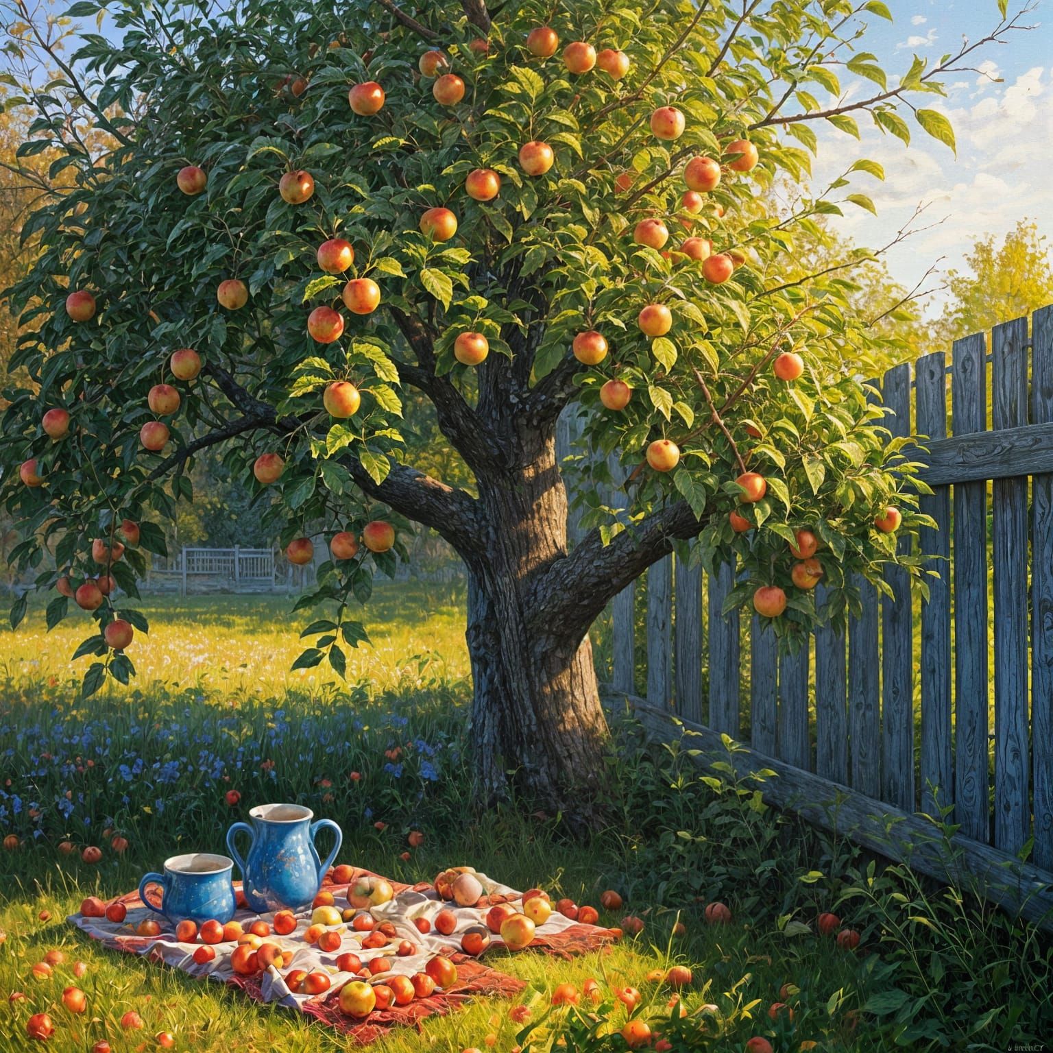 Cozy Garden Corner with Apple Tree as Oil Painting