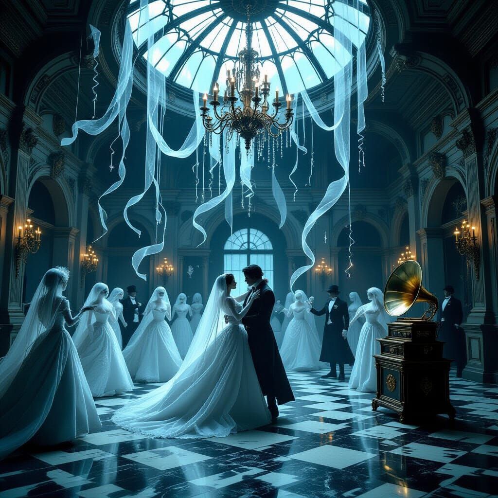 Spectral Masquerade Ball in Crumbling Gothic Manor