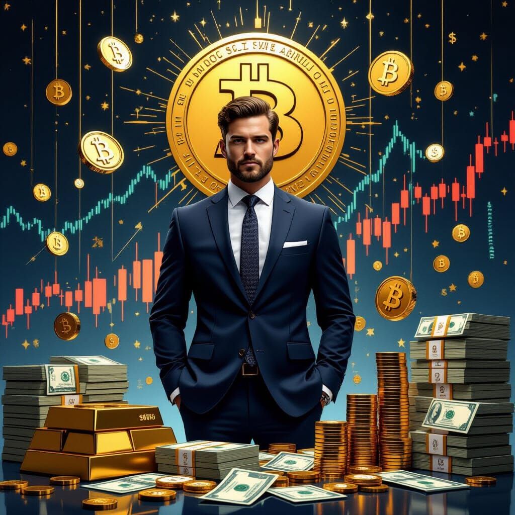 Businessman Surrounded by Bitcoin and Financial Assets