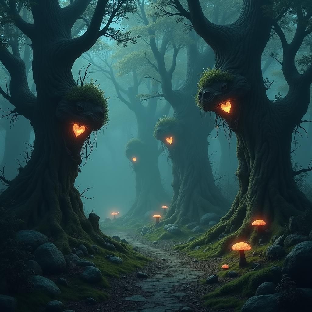 Mystical Forest with Glowing Hearts in Dark Fantasy Style