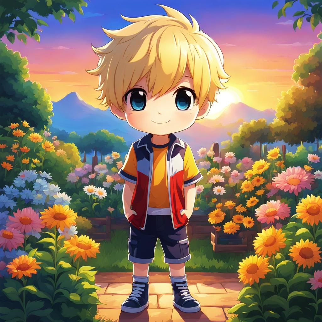 Cheerful Chibi Boy in Sunrise Garden, Anime Style