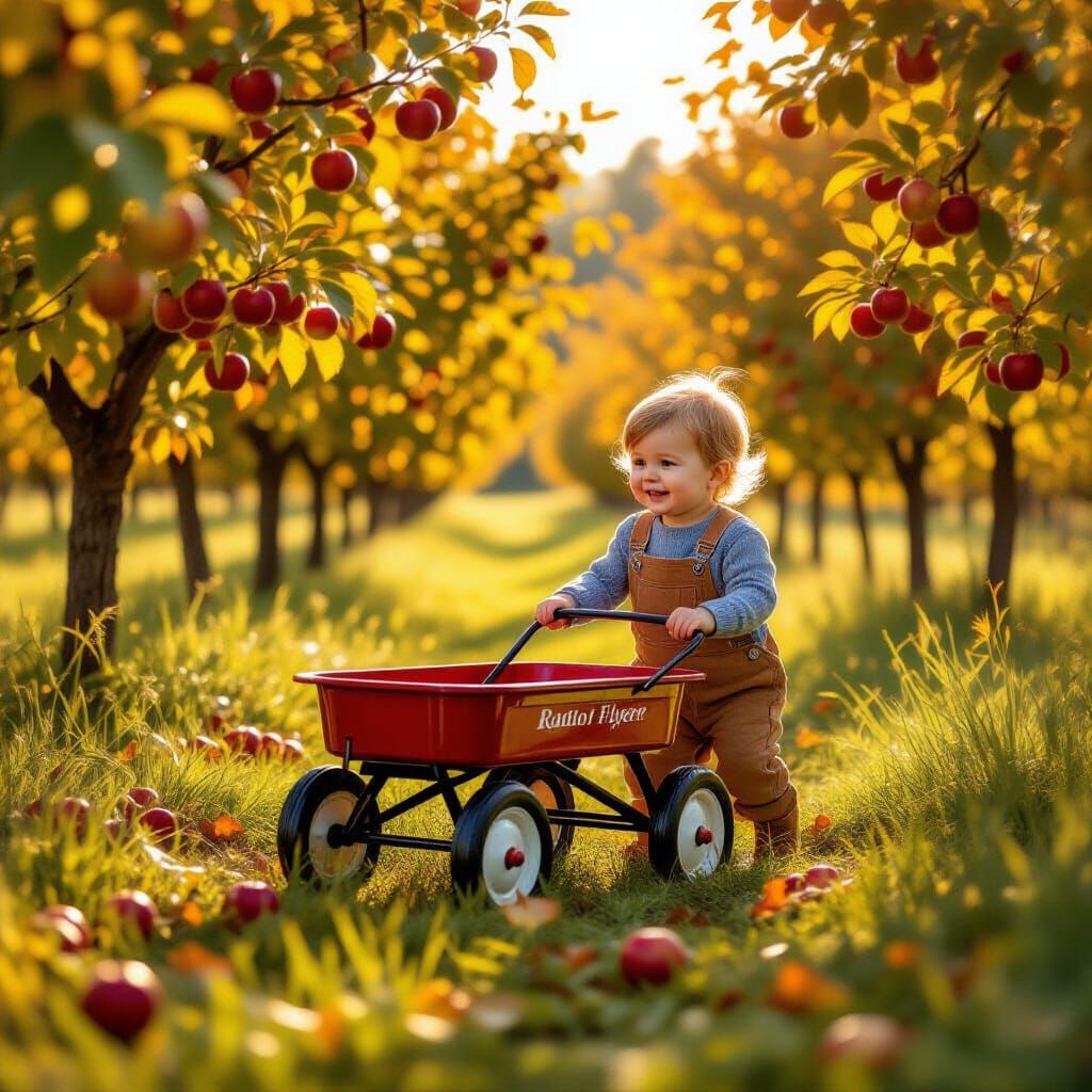 Child Pulls Red Wagon in Autumn Apple Orchard