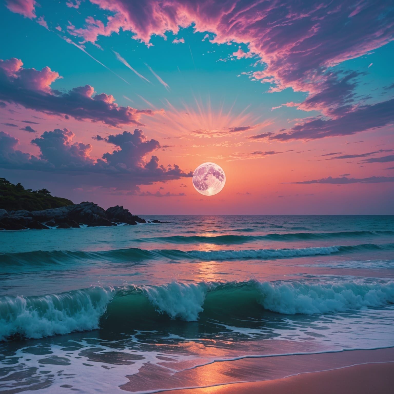 Glowing Ocean Waves Under a Pink Moon