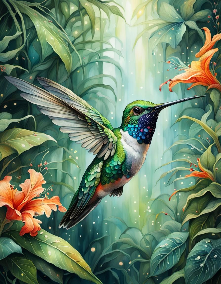 Hummingbird in Lush Rainforest: Hyperrealistic Digital Art