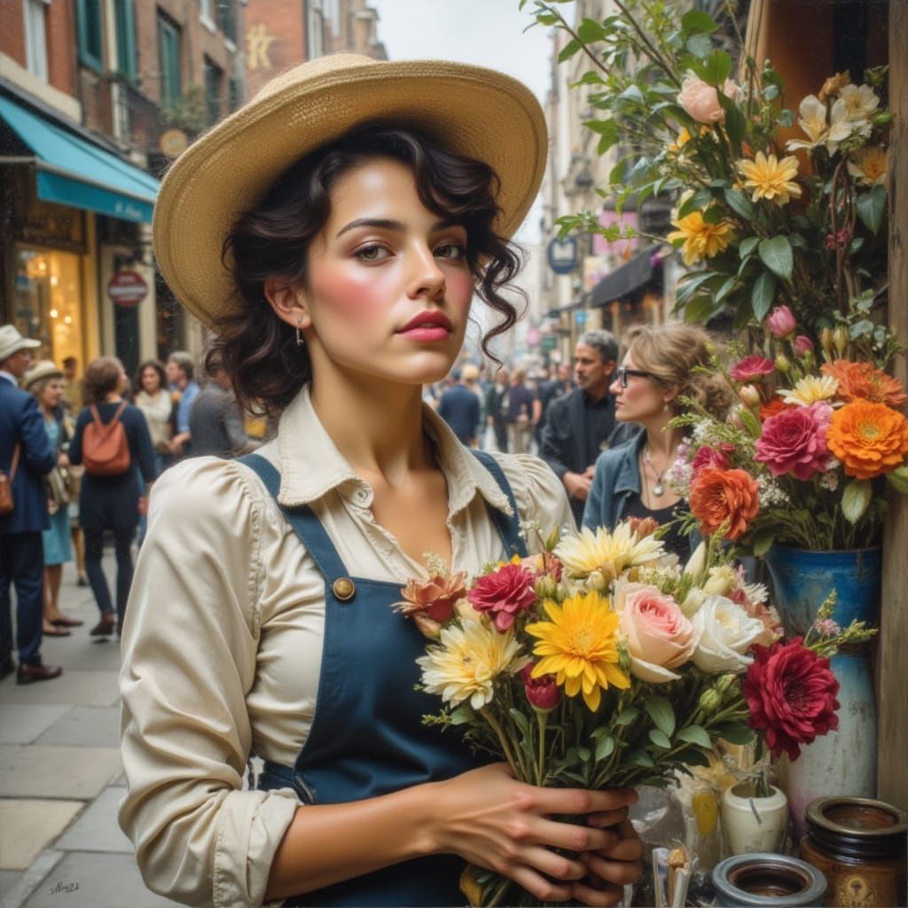 Elegant Flower Seller Portrait in Dry Brush Oils