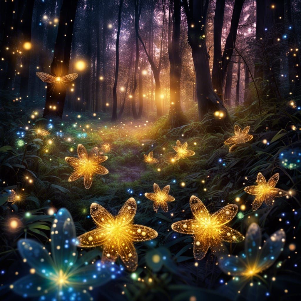 Glowing Enchanted Forest with Fireflies and Starlight