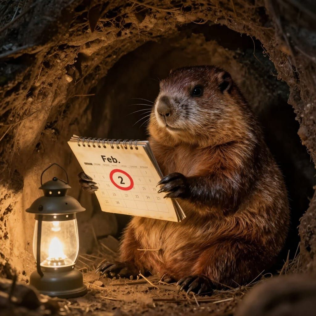 Groundhog Consults Calendar in Cozy Burrow