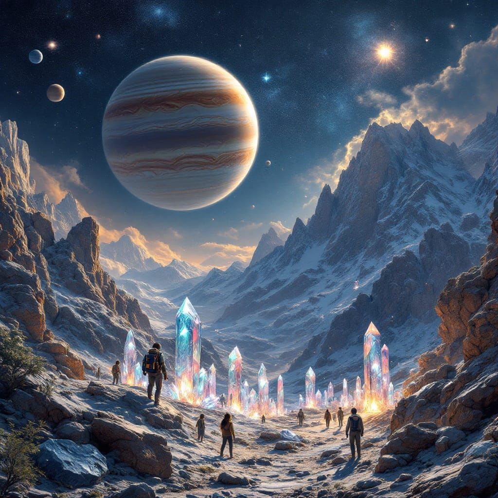 Jupiter and Uranus with Crystal Landscape