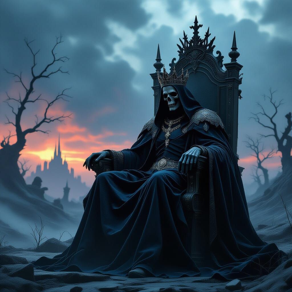 Undead King Surveys Desolate Kingdom in Dark Fantasy Style