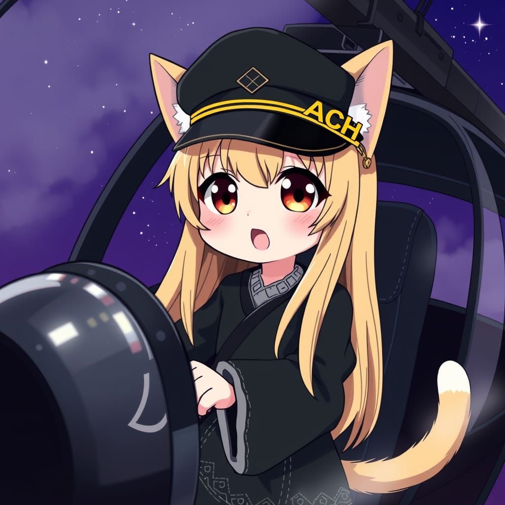 Anime Catgirl Helicopter Pilot Under Starry Night