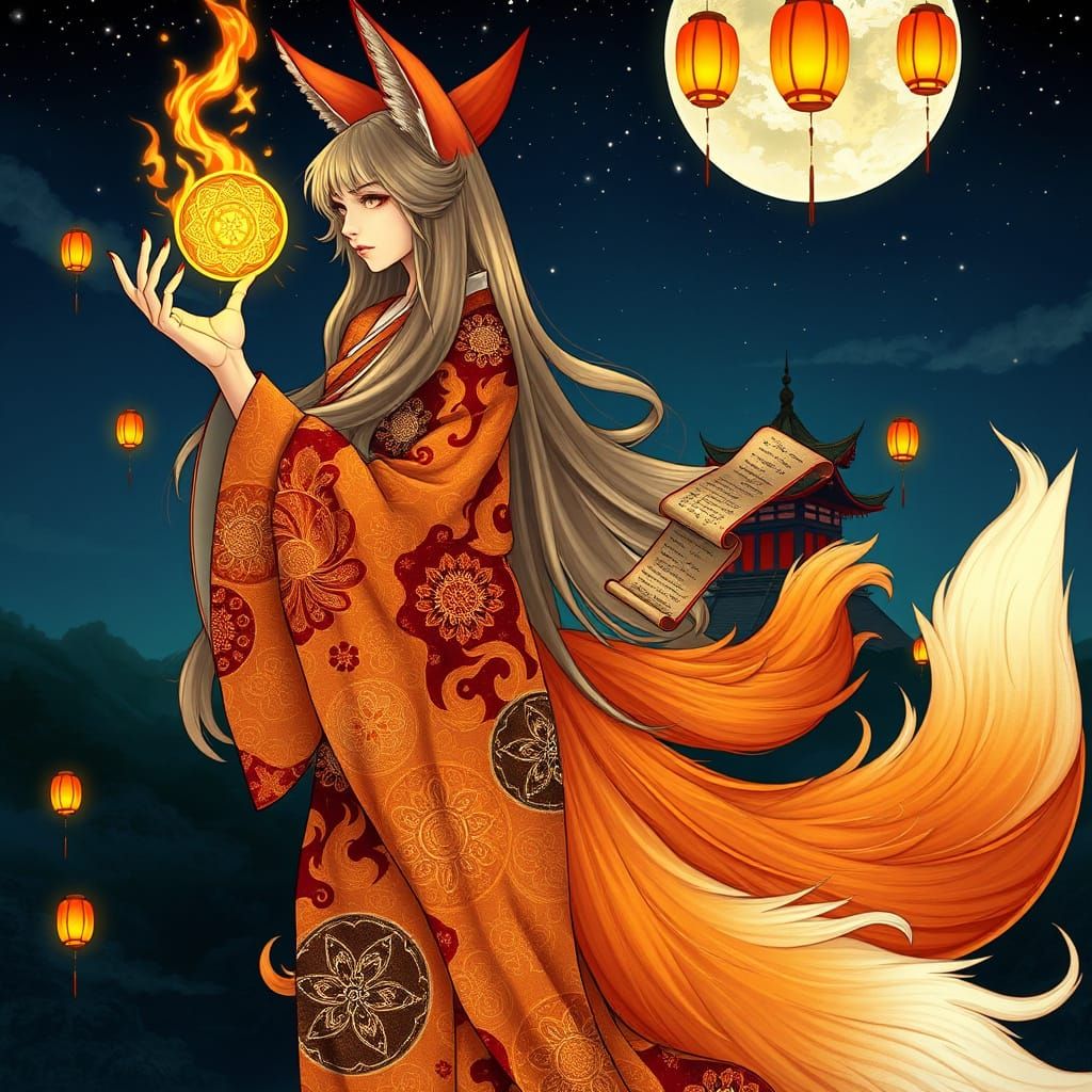 Ethereal Kitsune Goddess with Celestial Kimono and Foxfire