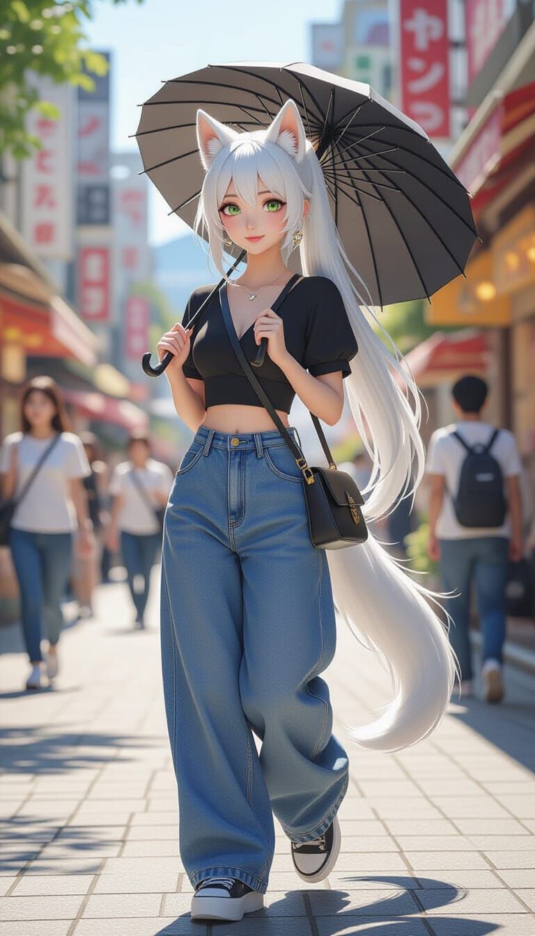Woman in Harajuku with White Ponytail and Parasol