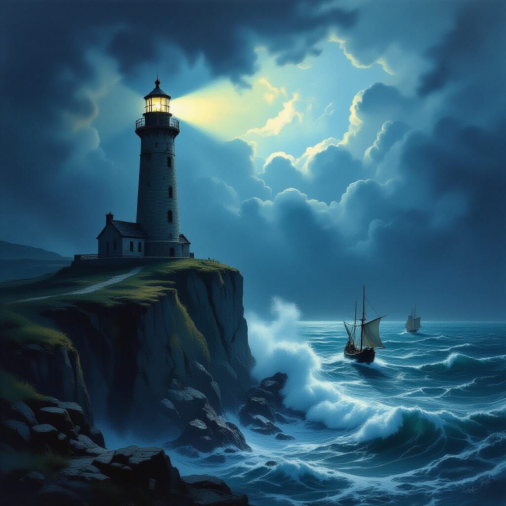 Ancient Lighthouse Guides Ships Through Stormy Gothic Seas