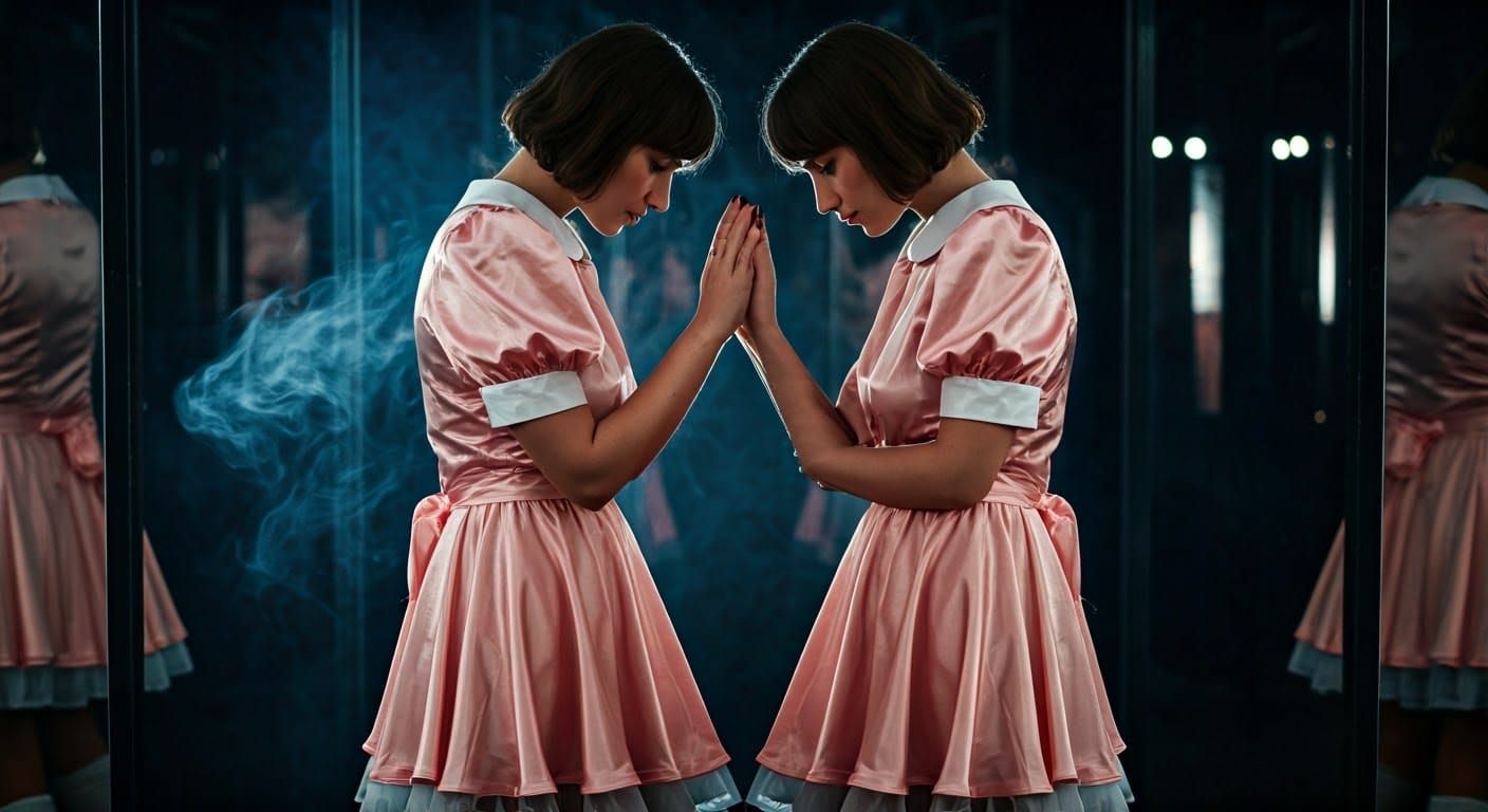 Women in Pale Pink Satin Maid Dresses, Surrounded by Distort...