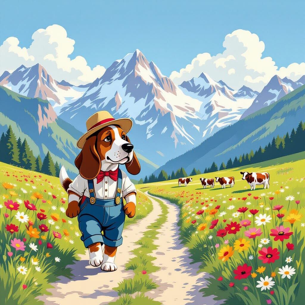 Whimsical Basset Hound in Lederhosen in Swiss Alps