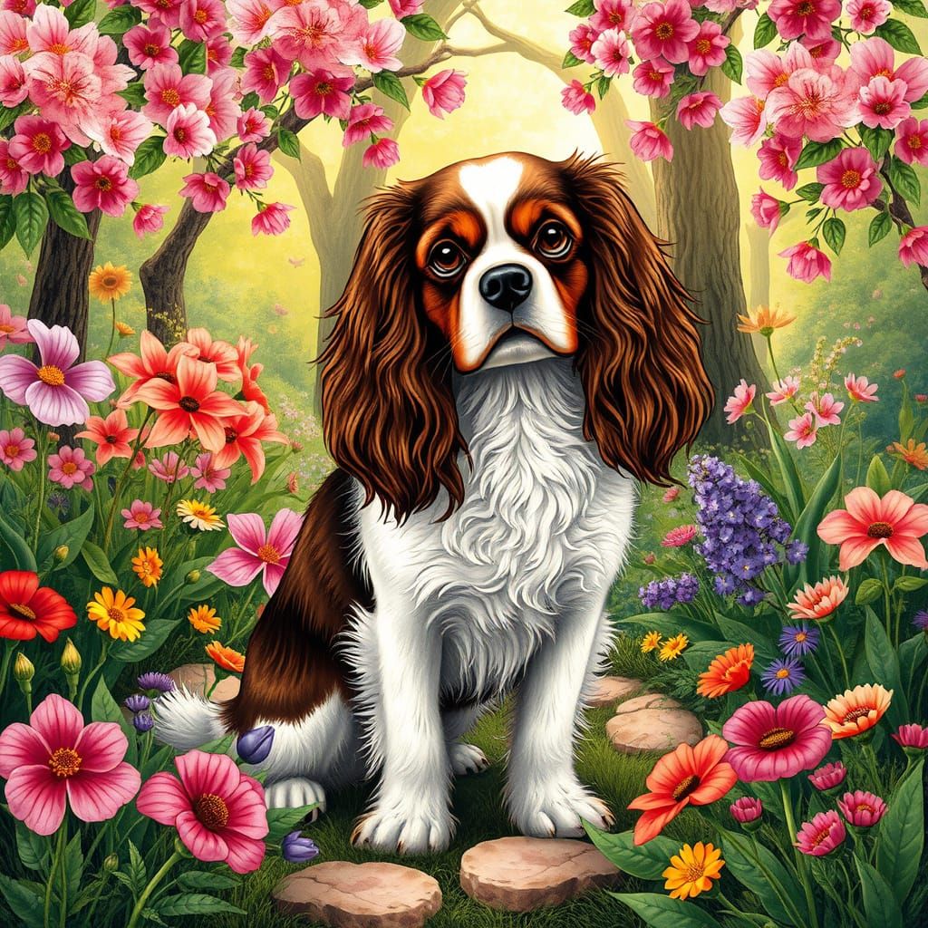 Cavalier King Charles Spaniel Guardian of Whimsical Spring G...