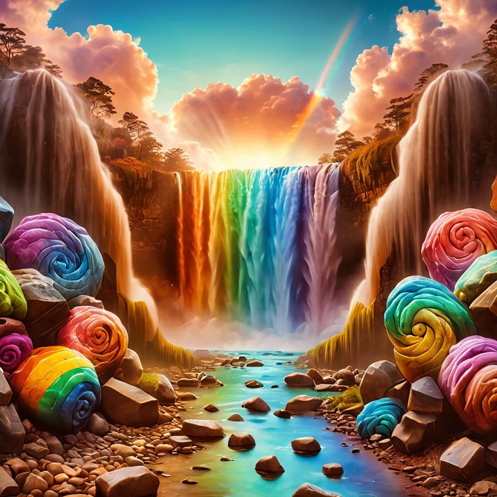 Surreal Waterfall Between Stone Legs in Photorealism