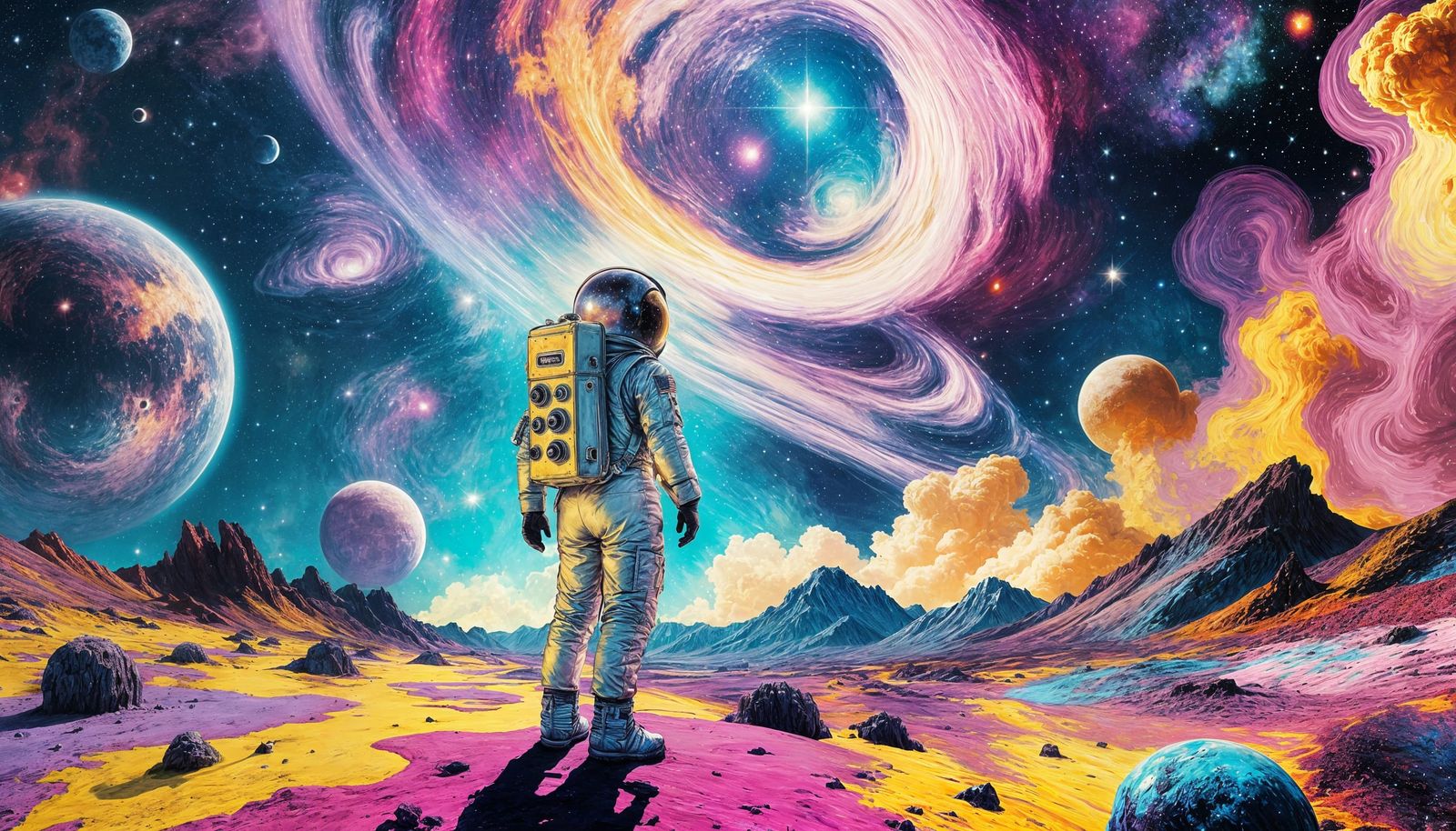 Astronaut on Alien Planet in Psychedelic Art Style