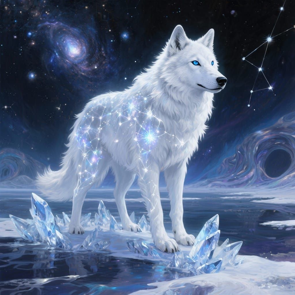 Majestic White Wolf Guardian in Cosmic Void