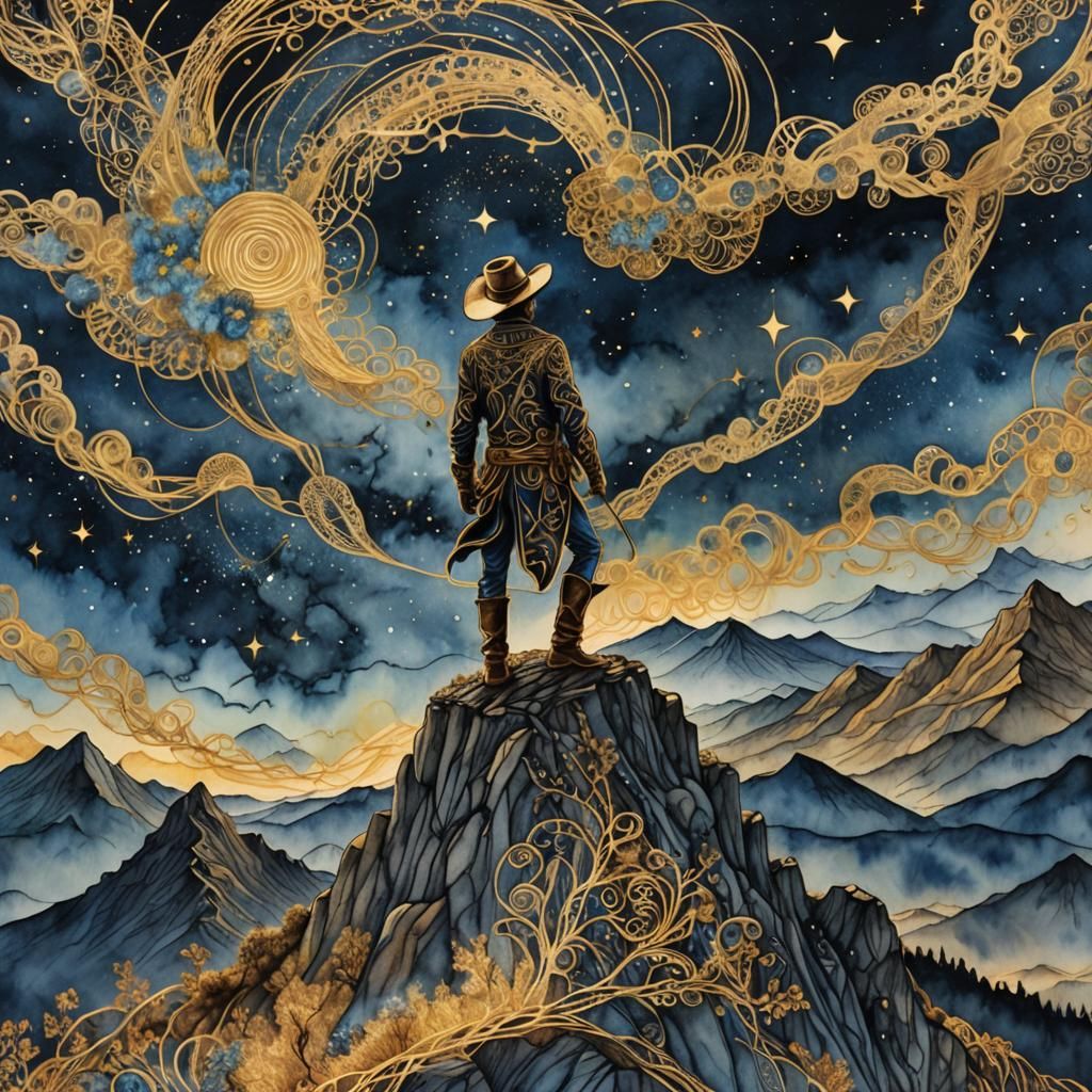 Cowboy Gazes at Cosmic Sky in Zentangle Art