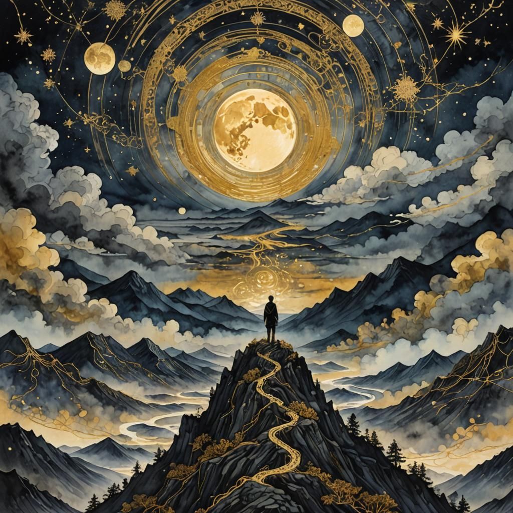 Surreal Dreamscape Painting with Gold Filigree