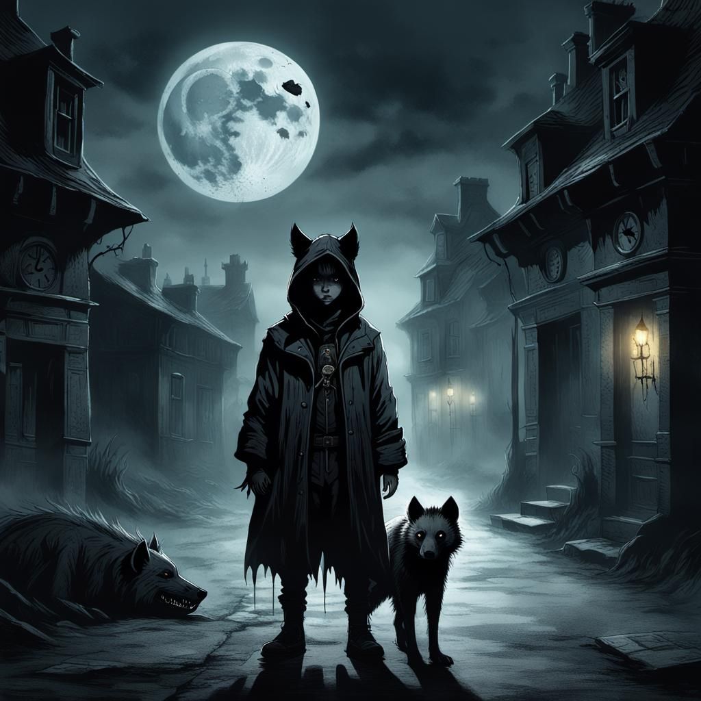 Eerie Child and Hyena in Dark Fantasy Style