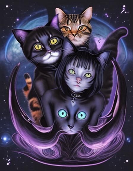 Three-Headed Cat in Anime Galactic Style