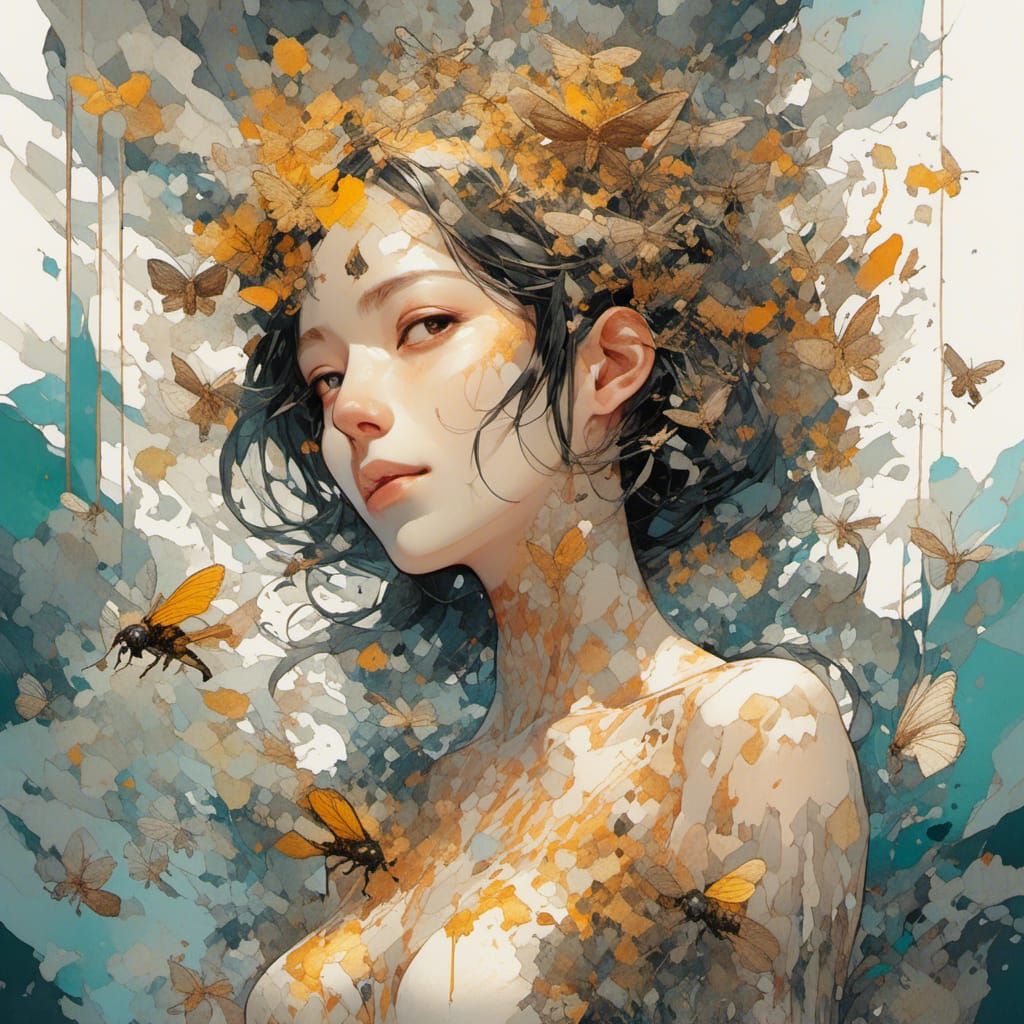 Double Exposure Portrait with Bees and Honeycomb