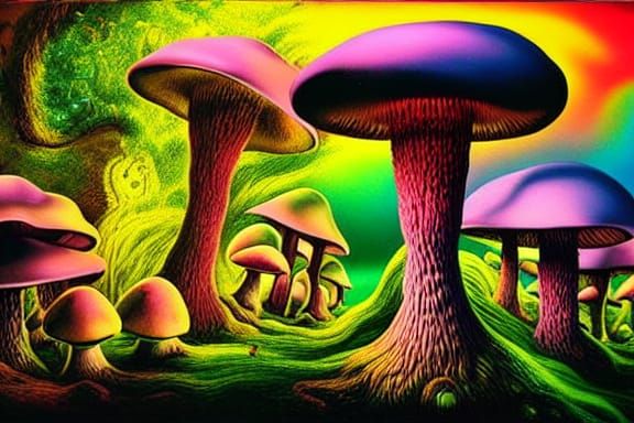Psychedelic Mushroom Forest in Retro Synthwave Style