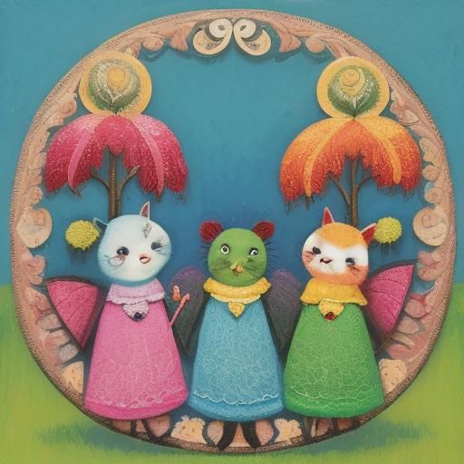 Whimsical Folk Art Illustration in Pastel Impasto