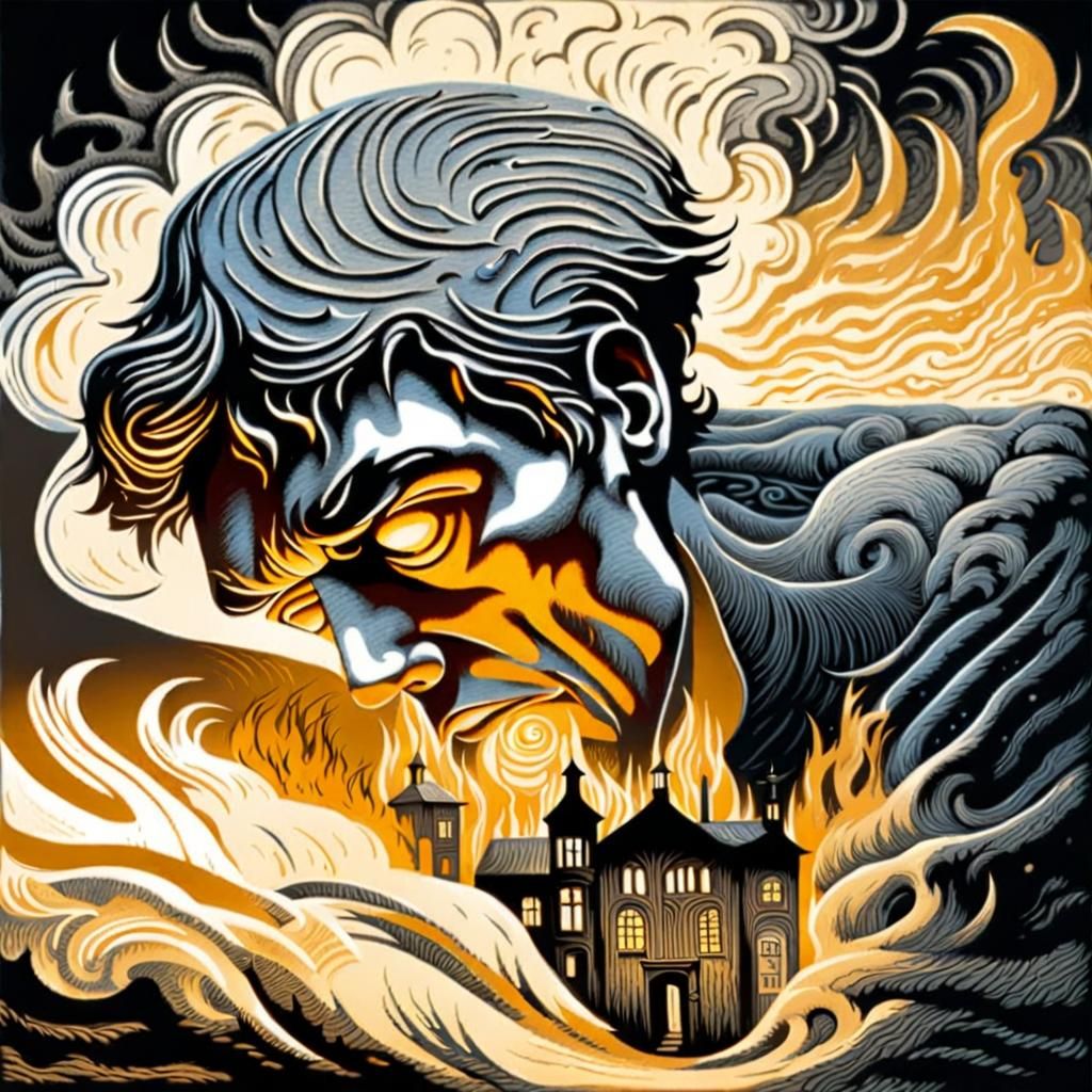 Brooding Man Summons Hellfire: Woodcut Print in Horror Style