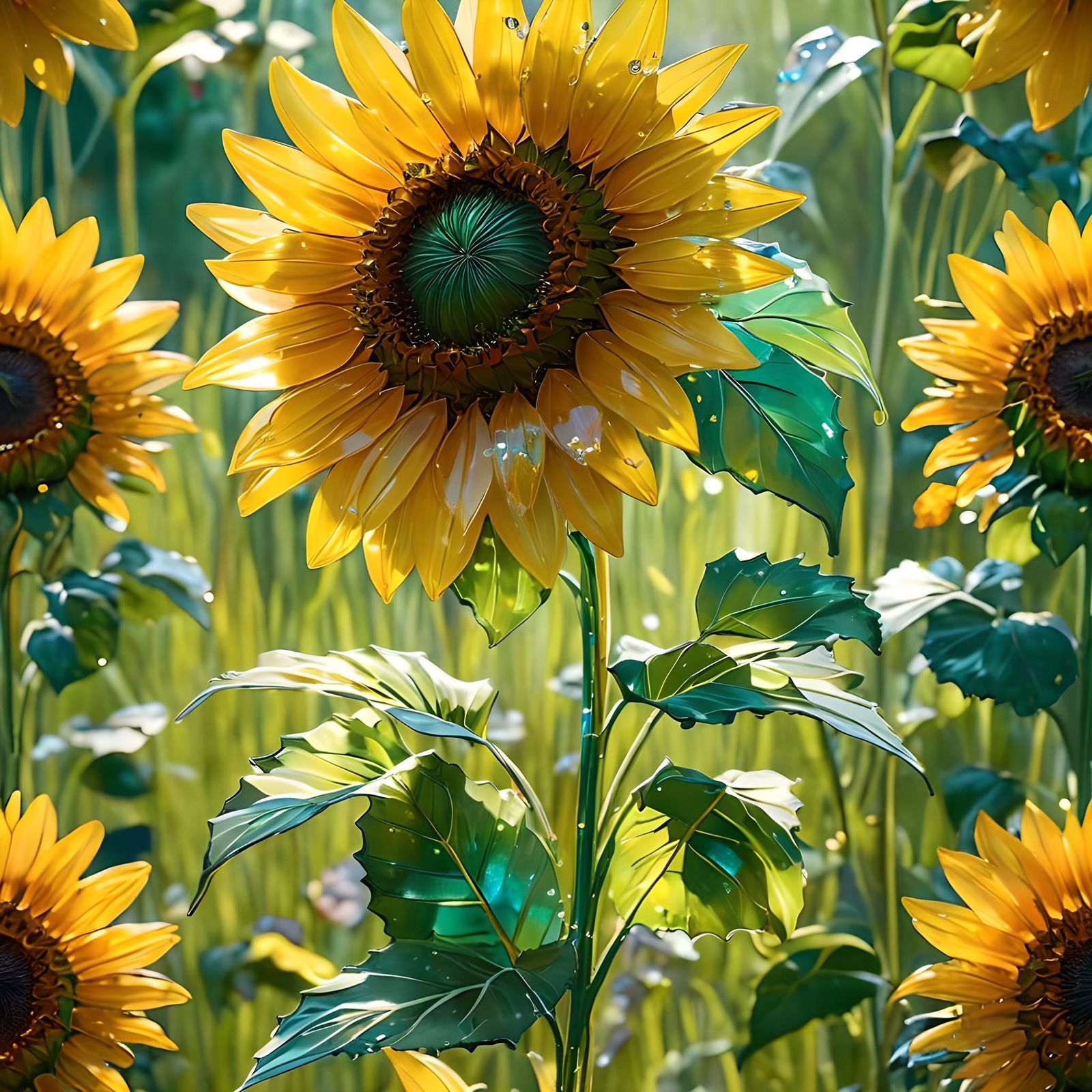 Crystal Sunflower in Sunlit Field, Digital Art