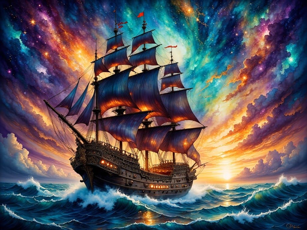 Majestic Galleon Sails Cosmic Ocean in Fantasy Art Style